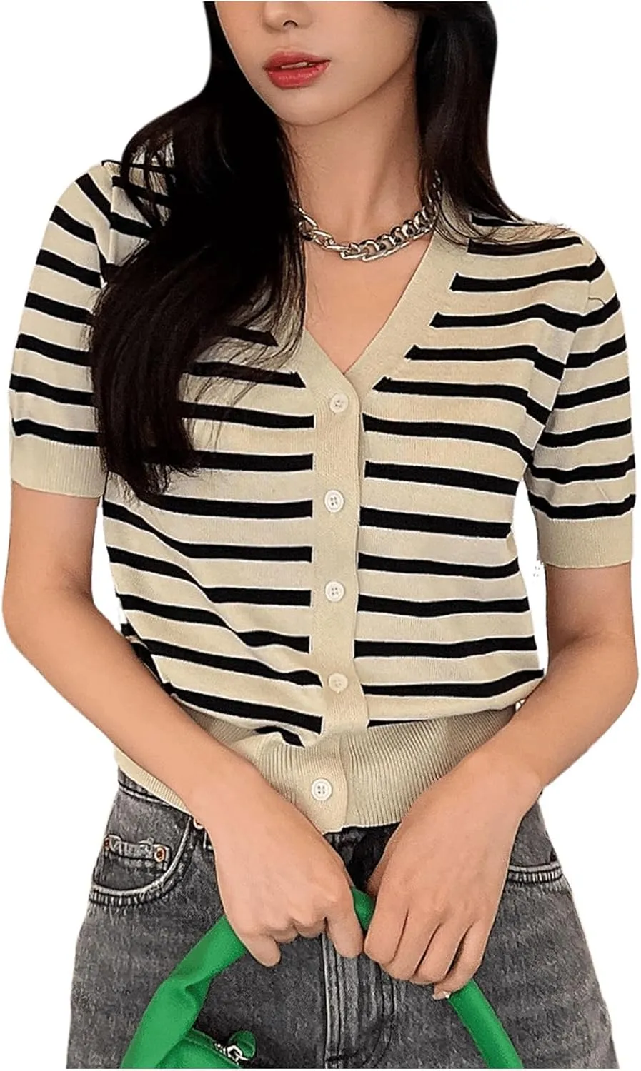 GORGLITTER Women's Striped Short Sleeve Cardigan V Neck Open Front Button Down Sweaters