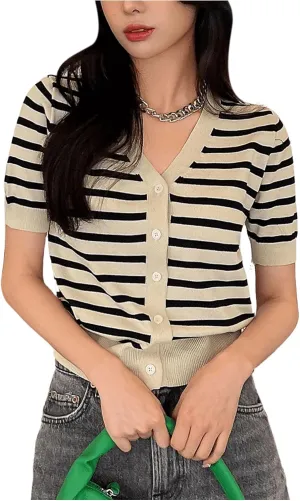 GORGLITTER Women's Striped Short Sleeve Cardigan V Neck Open Front Button Down Sweaters