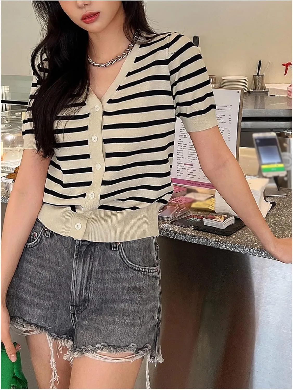 GORGLITTER Women's Striped Short Sleeve Cardigan V Neck Open Front Button Down Sweaters