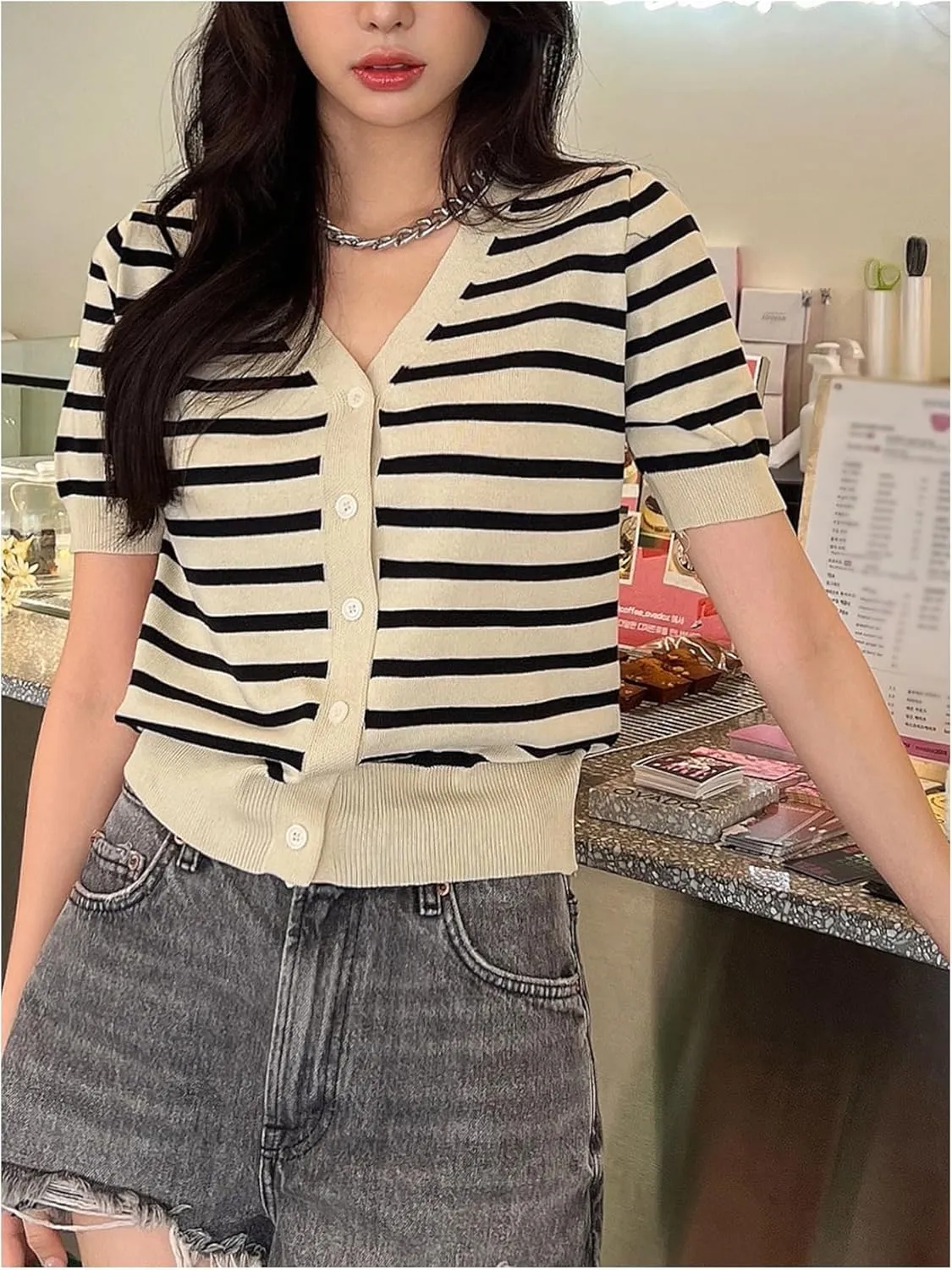 GORGLITTER Women's Striped Short Sleeve Cardigan V Neck Open Front Button Down Sweaters