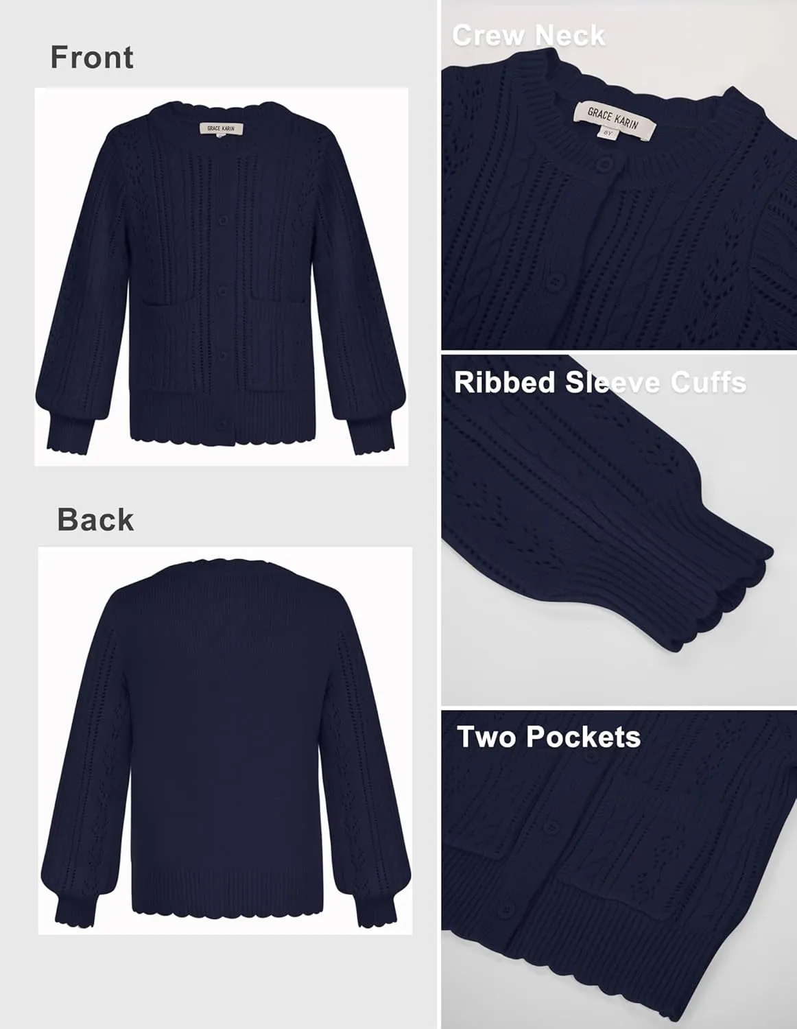 GRACE KARIN Girls Cardigan Long Sleeve Uniforms Knit Sweater Outerwear for Kids