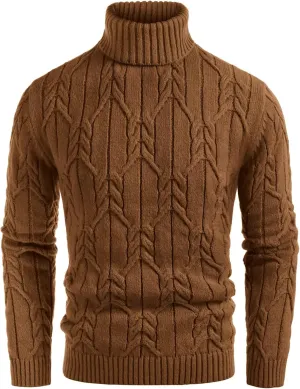 GRACE KARIN Men's Turtleneck Pullover Sweaters Long Sleeve Solid Twisted Cable Knit Sweater