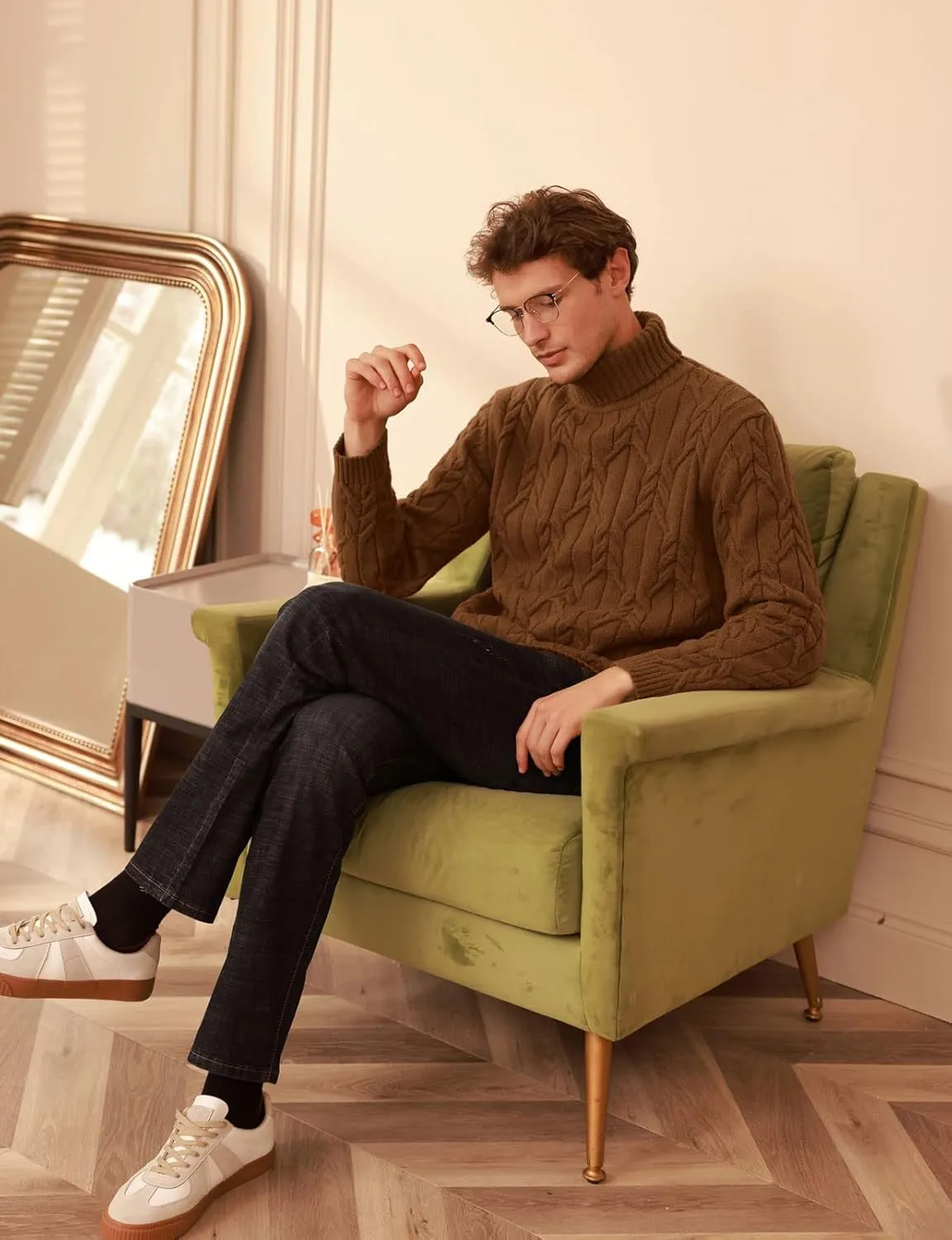 GRACE KARIN Men's Turtleneck Pullover Sweaters Long Sleeve Solid Twisted Cable Knit Sweater