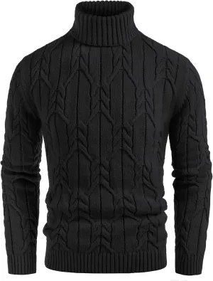 GRACE KARIN Men's Turtleneck Pullover Sweaters Long Sleeve Solid Twisted Cable Knit Sweater