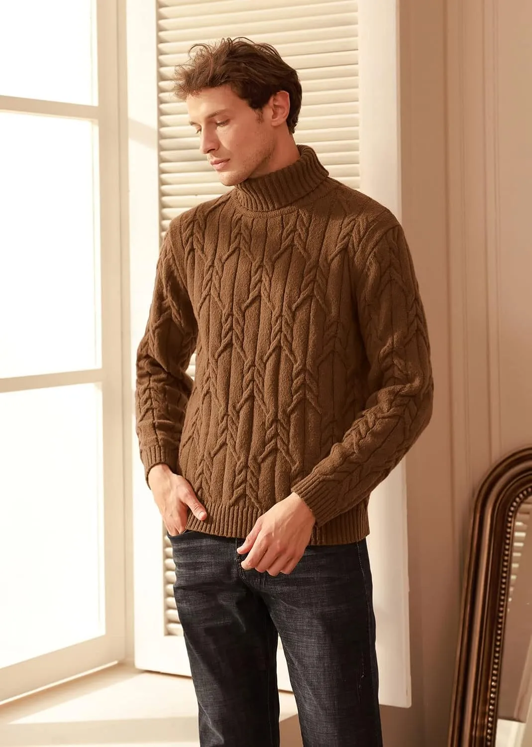 GRACE KARIN Men's Turtleneck Pullover Sweaters Long Sleeve Solid Twisted Cable Knit Sweater