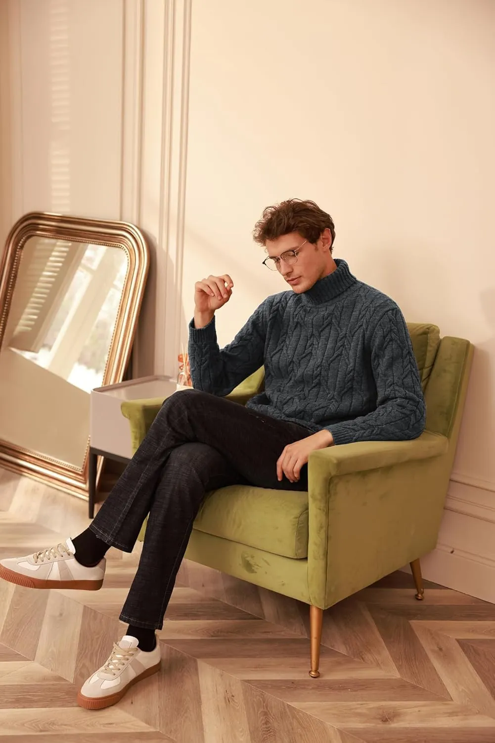 GRACE KARIN Men's Turtleneck Pullover Sweaters Long Sleeve Solid Twisted Cable Knit Sweater
