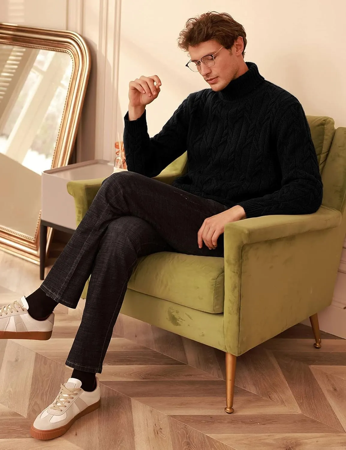 GRACE KARIN Men's Turtleneck Pullover Sweaters Long Sleeve Solid Twisted Cable Knit Sweater
