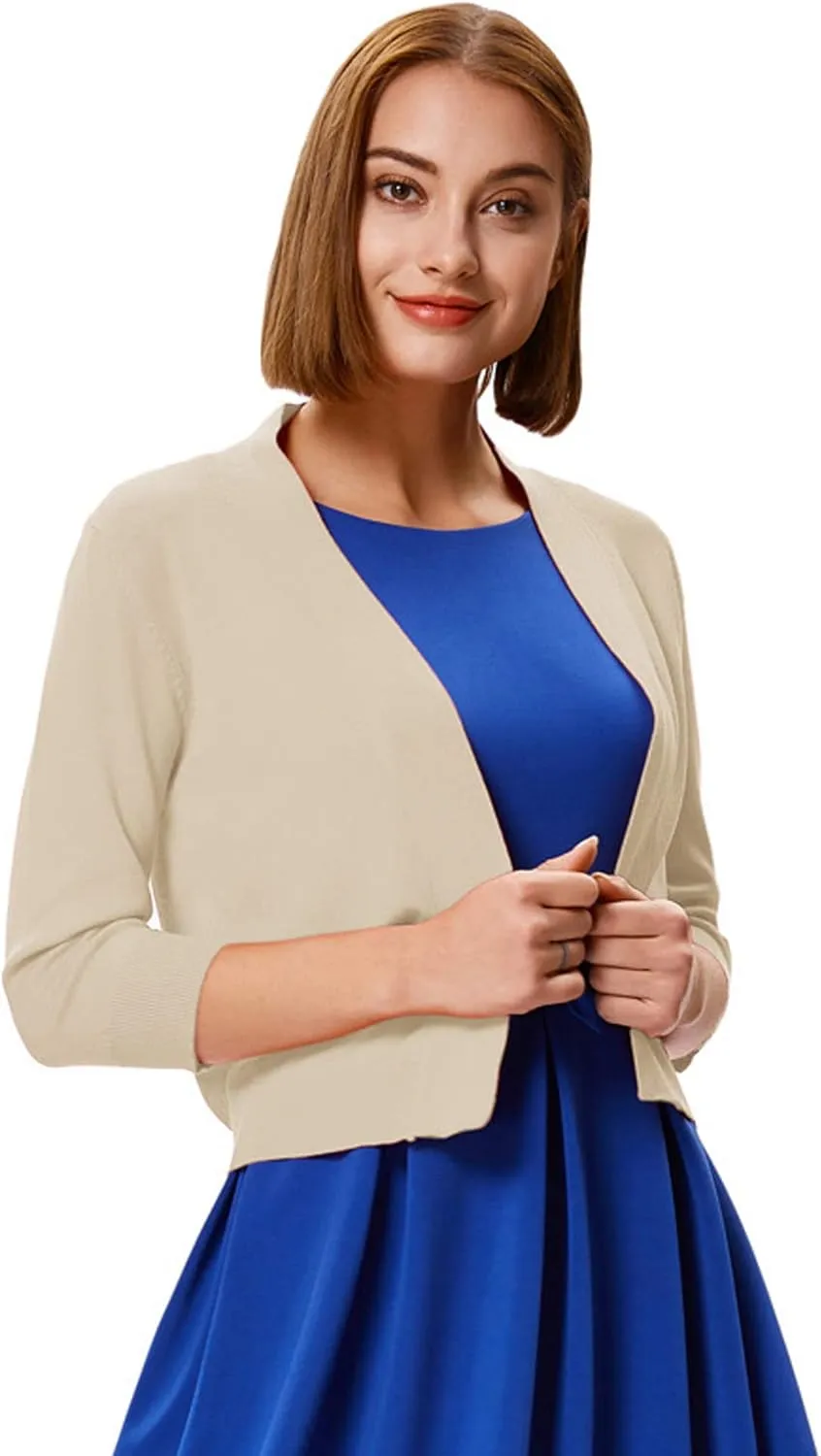 GRACE KARIN Women's 3/4 Sleeve Cardigan Knit Sweaters Cropped Open Front Shrug Bolero
