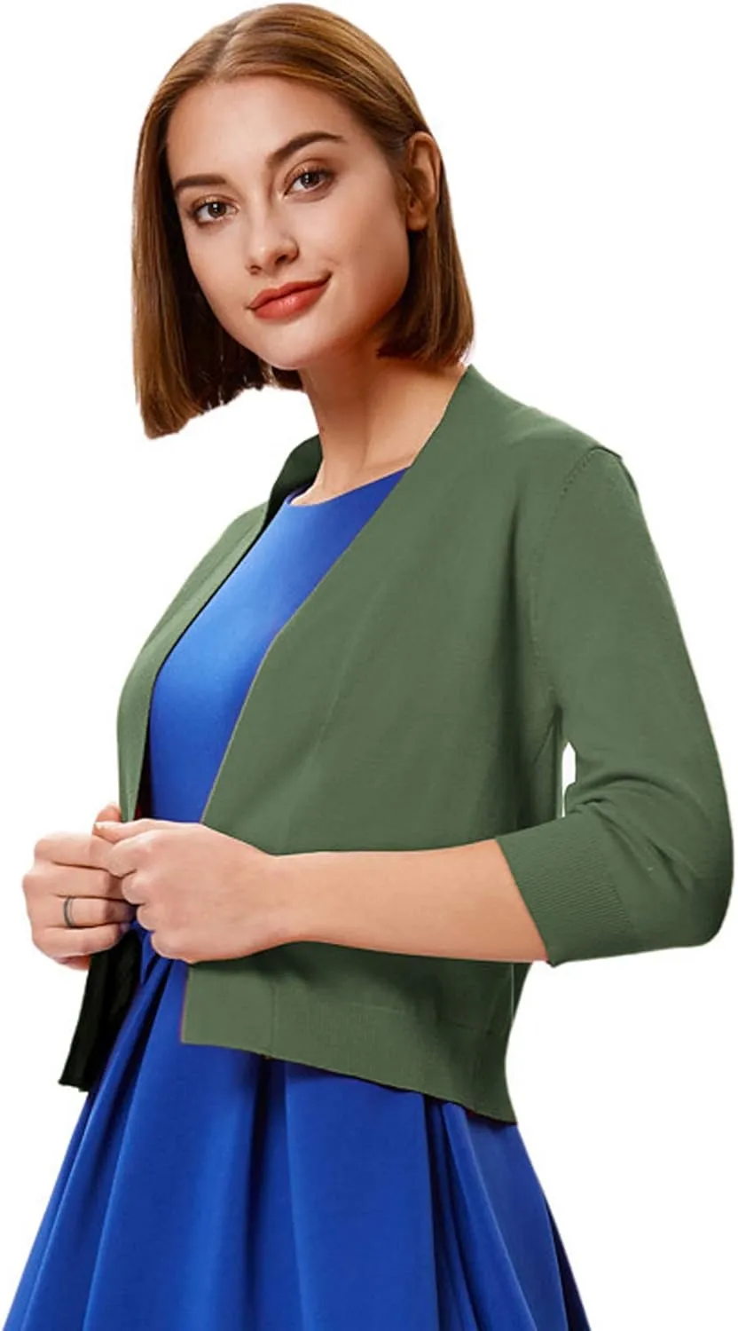 GRACE KARIN Women's 3/4 Sleeve Cardigan Knit Sweaters Cropped Open Front Shrug Bolero