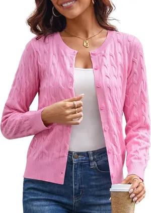 GRACE KARIN Women's Long Sleeve Button Up Cable Knit Cardigan Lightweight 2025 Crewneck Button Down Sweaters for Women