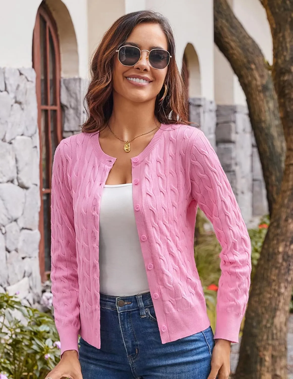 GRACE KARIN Women's Long Sleeve Button Up Cable Knit Cardigan Lightweight 2025 Crewneck Button Down Sweaters for Women