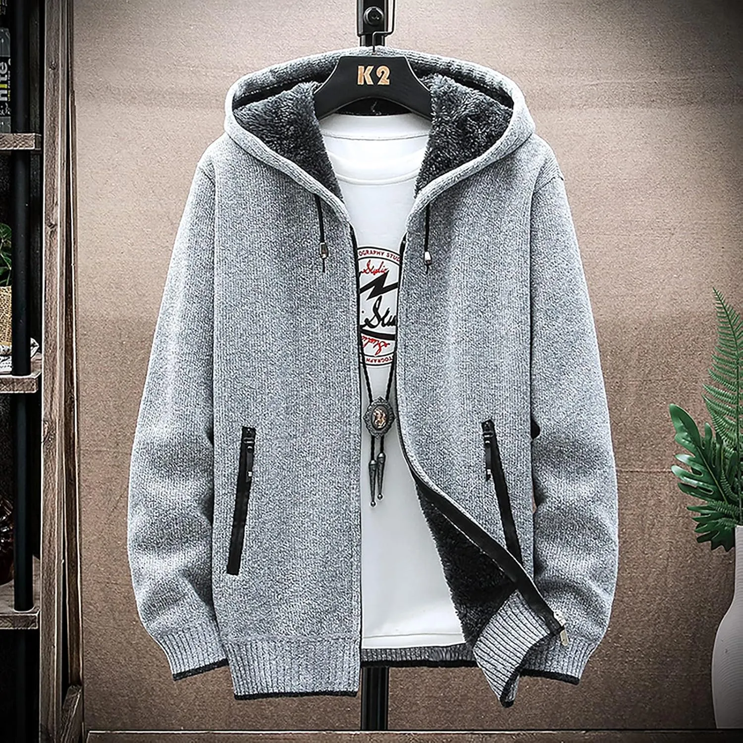 Graphic Hoodies for Men Fall and Winter Casual Sweater Jacket Warm Knit Sweater Hooded Hoodie