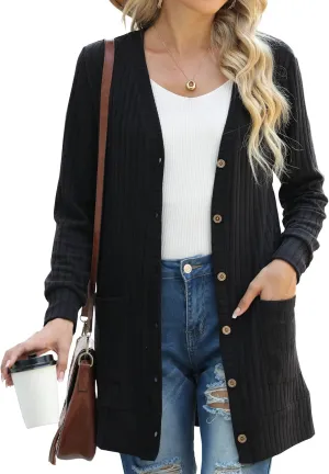 GRECERELLE Women's Long Sleeve Open Front Cardigan Button Down Ribbed Lightweight Knit Outerwear with Pocket