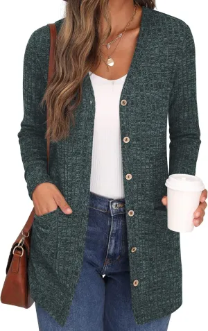 GRECERELLE Women's Long Sleeve Open Front Cardigan Button Down Ribbed Lightweight Knit Outerwear with Pocket
