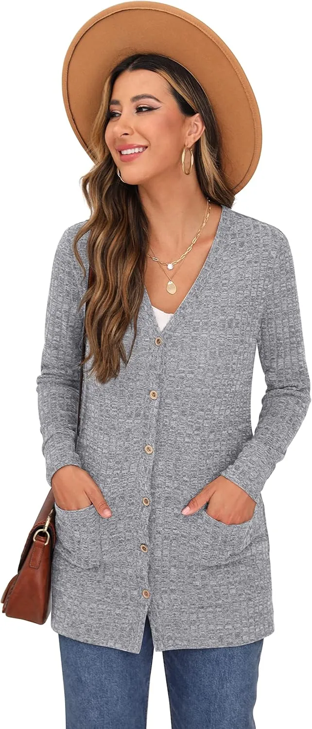 GRECERELLE Women's Long Sleeve Open Front Cardigan Button Down Ribbed Lightweight Knit Outerwear with Pocket