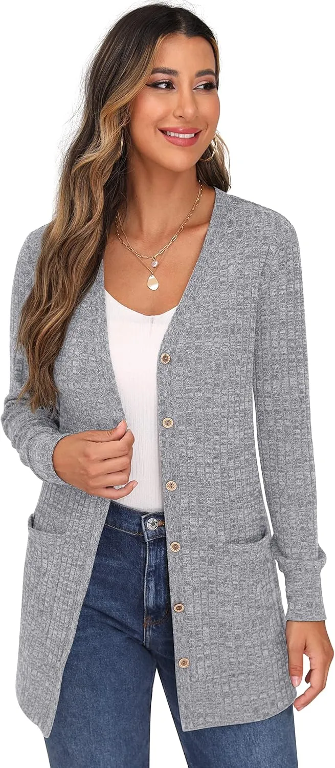 GRECERELLE Women's Long Sleeve Open Front Cardigan Button Down Ribbed Lightweight Knit Outerwear with Pocket