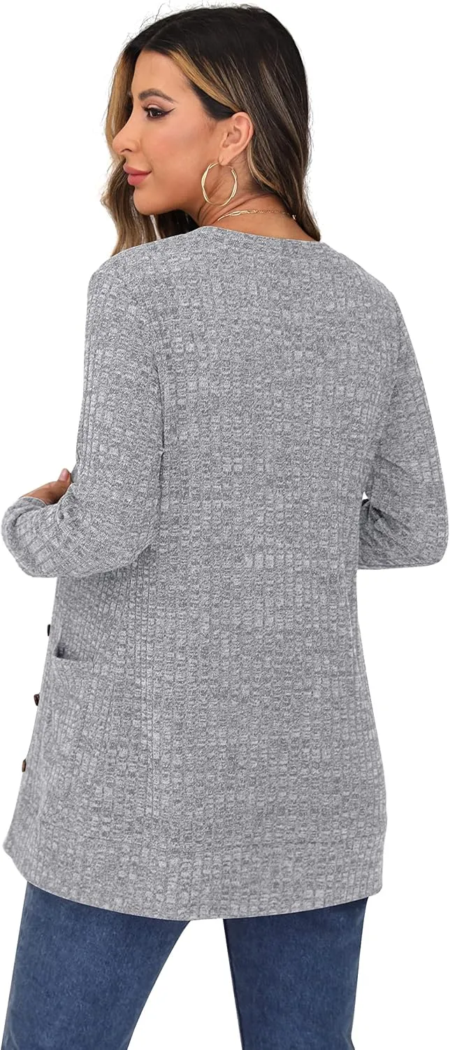 GRECERELLE Women's Long Sleeve Open Front Cardigan Button Down Ribbed Lightweight Knit Outerwear with Pocket