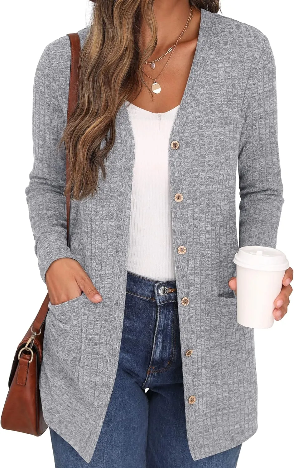 GRECERELLE Women's Long Sleeve Open Front Cardigan Button Down Ribbed Lightweight Knit Outerwear with Pocket