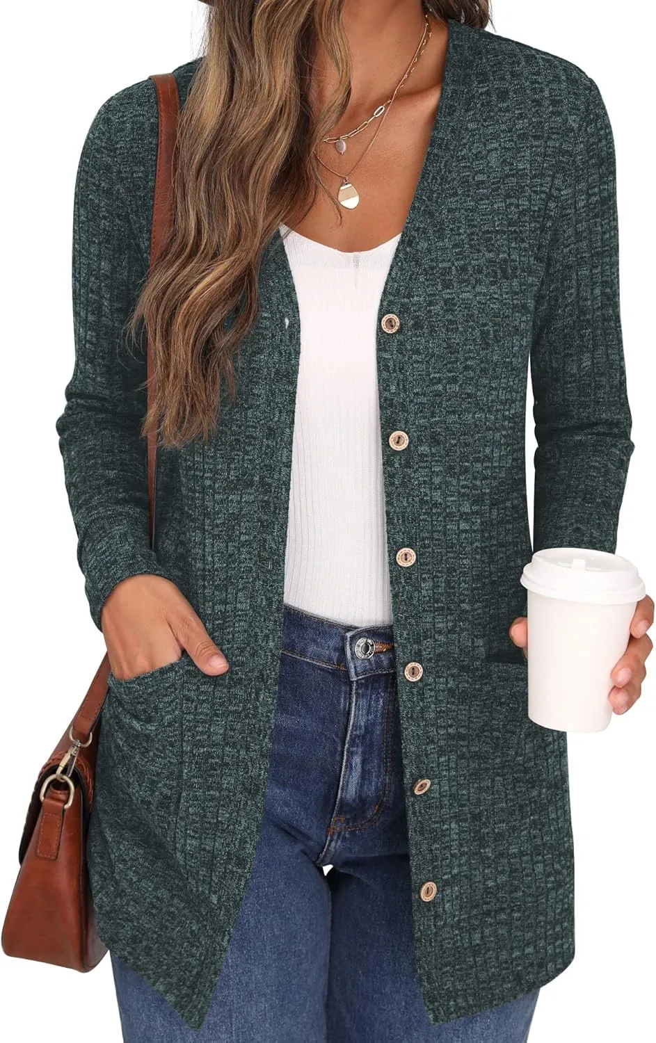 GRECERELLE Women's Long Sleeve Open Front Cardigan Button Down Ribbed Lightweight Knit Outerwear with Pocket