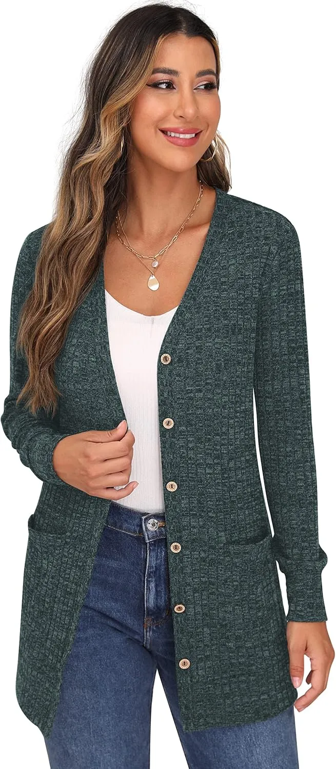GRECERELLE Women's Long Sleeve Open Front Cardigan Button Down Ribbed Lightweight Knit Outerwear with Pocket