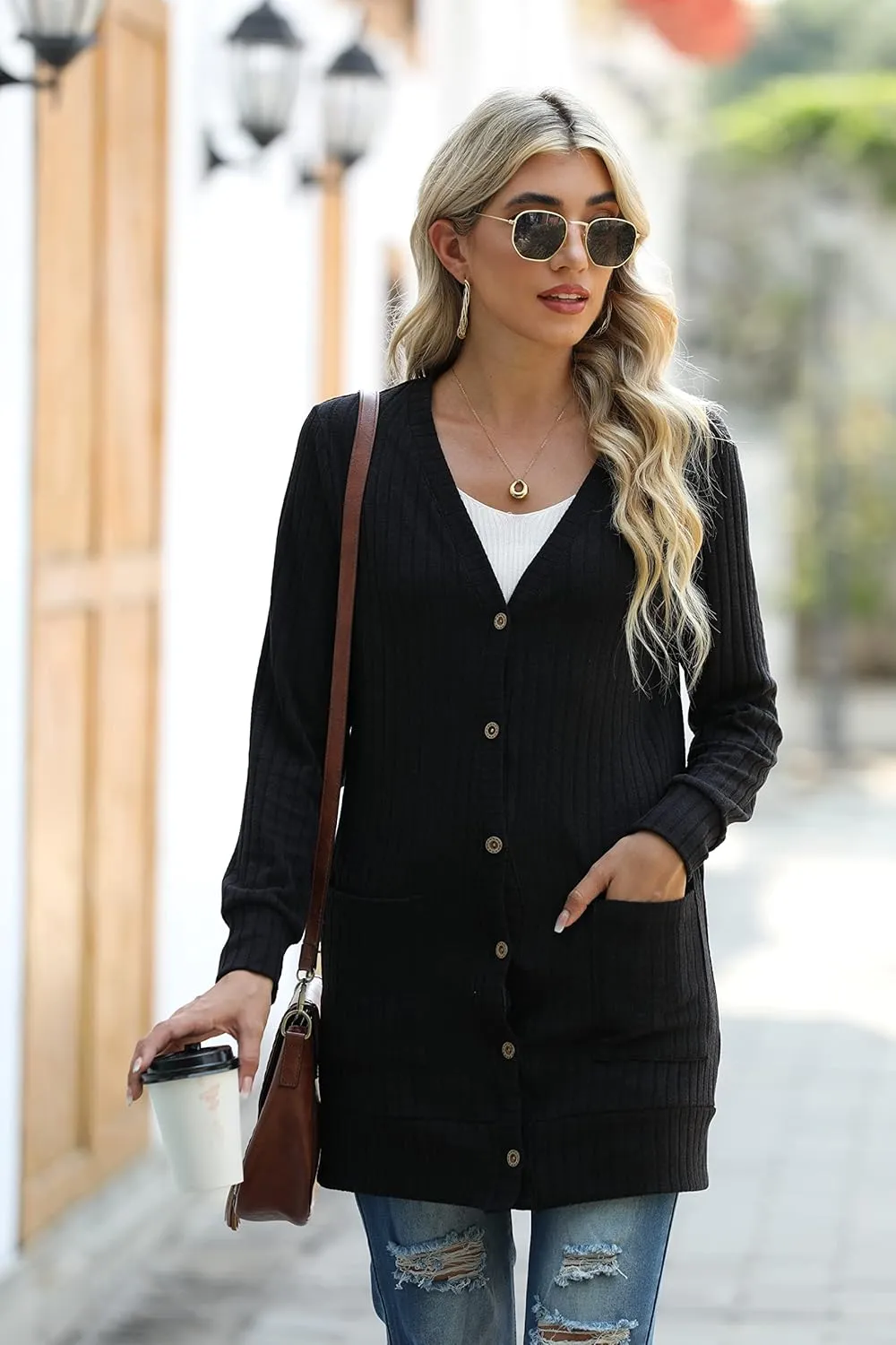 GRECERELLE Women's Long Sleeve Open Front Cardigan Button Down Ribbed Lightweight Knit Outerwear with Pocket