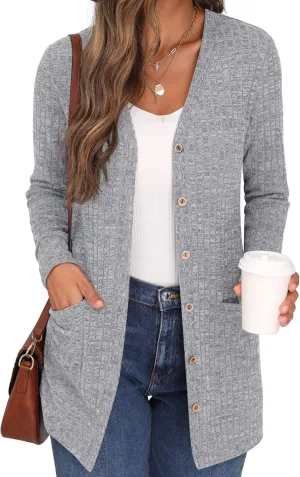 GRECERELLE Women's Long Sleeve Open Front Cardigan Button Down Ribbed Lightweight Knit Outerwear with Pocket