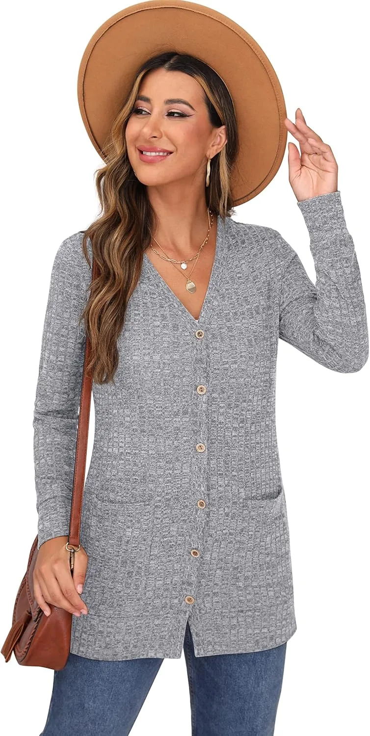 GRECERELLE Women's Long Sleeve Open Front Cardigan Button Down Ribbed Lightweight Knit Outerwear with Pocket