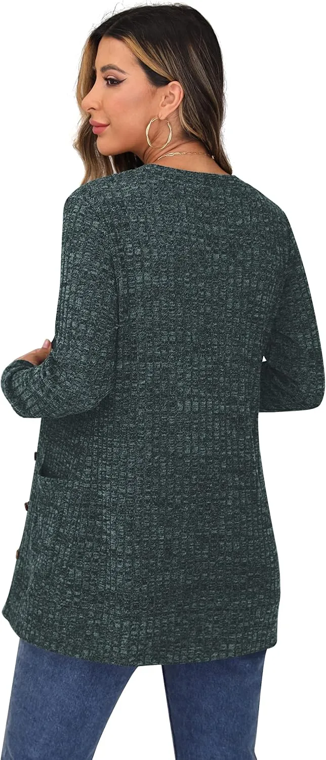 GRECERELLE Women's Long Sleeve Open Front Cardigan Button Down Ribbed Lightweight Knit Outerwear with Pocket