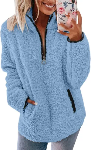 Half Zip Sherpa Sweatshirts Oversized Fluffy Soft Fleece Sweaters Casual Pullover Fall Winter Warm Outwear Coat