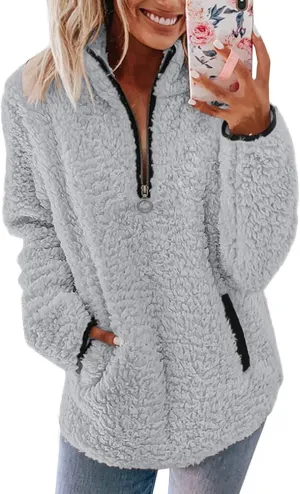 Half Zip Sherpa Sweatshirts Oversized Fluffy Soft Fleece Sweaters Casual Pullover Fall Winter Warm Outwear Coat
