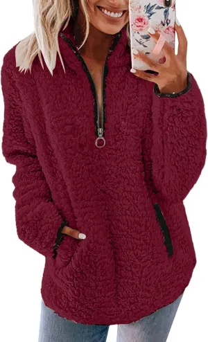 Half Zip Sherpa Sweatshirts Oversized Fluffy Soft Fleece Sweaters Casual Pullover Fall Winter Warm Outwear Coat