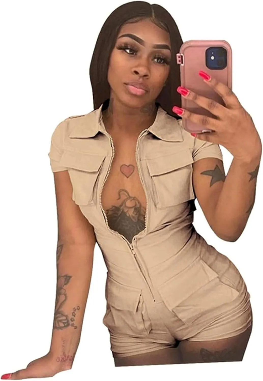 Halfword Womens Sexy Bodycon Romper Zip Up Solid Color Short Pants One Piece Jumpsuits Clubwear with Multiple Pockets