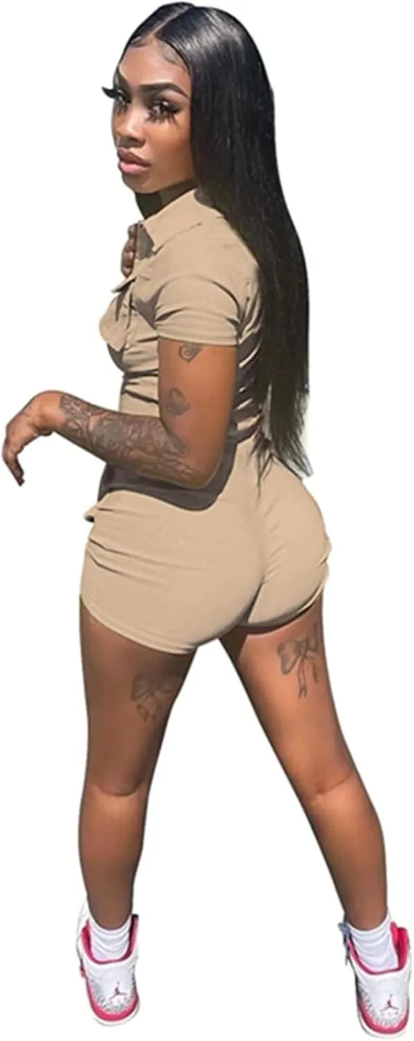 Halfword Womens Sexy Bodycon Romper Zip Up Solid Color Short Pants One Piece Jumpsuits Clubwear with Multiple Pockets