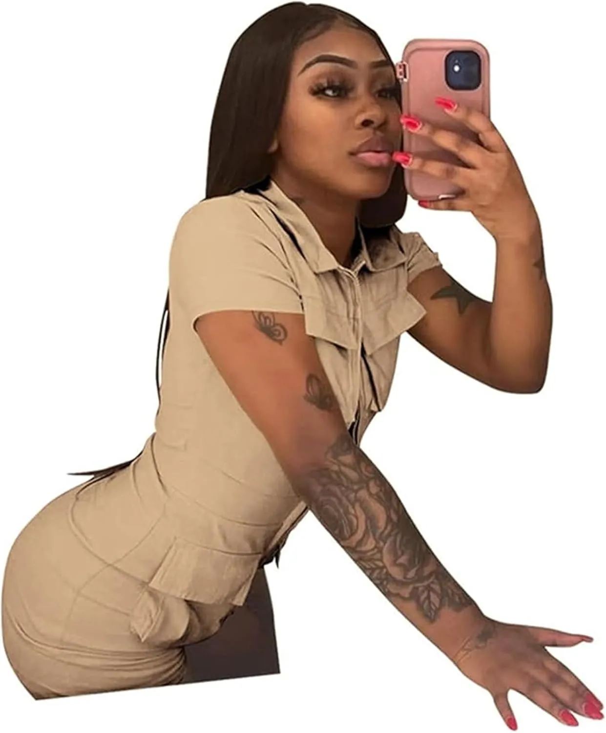 Halfword Womens Sexy Bodycon Romper Zip Up Solid Color Short Pants One Piece Jumpsuits Clubwear with Multiple Pockets
