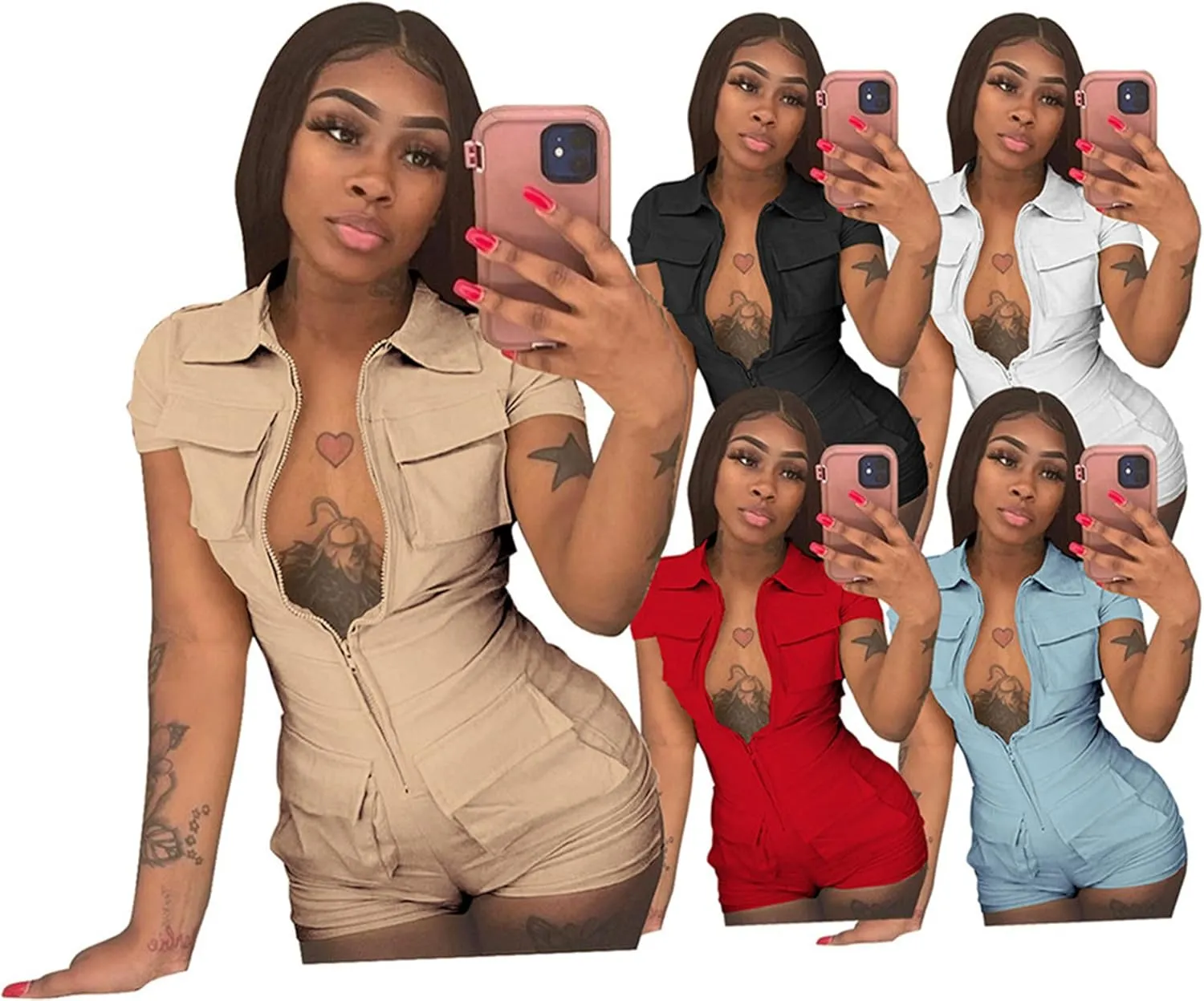 Halfword Womens Sexy Bodycon Romper Zip Up Solid Color Short Pants One Piece Jumpsuits Clubwear with Multiple Pockets