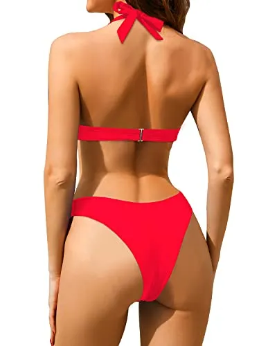 Halter V Neck High Cut Bikini Sets for Women Cheeky Two Piece Swimsuit