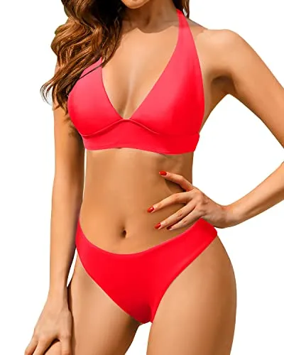 Halter V Neck High Cut Bikini Sets for Women Cheeky Two Piece Swimsuit