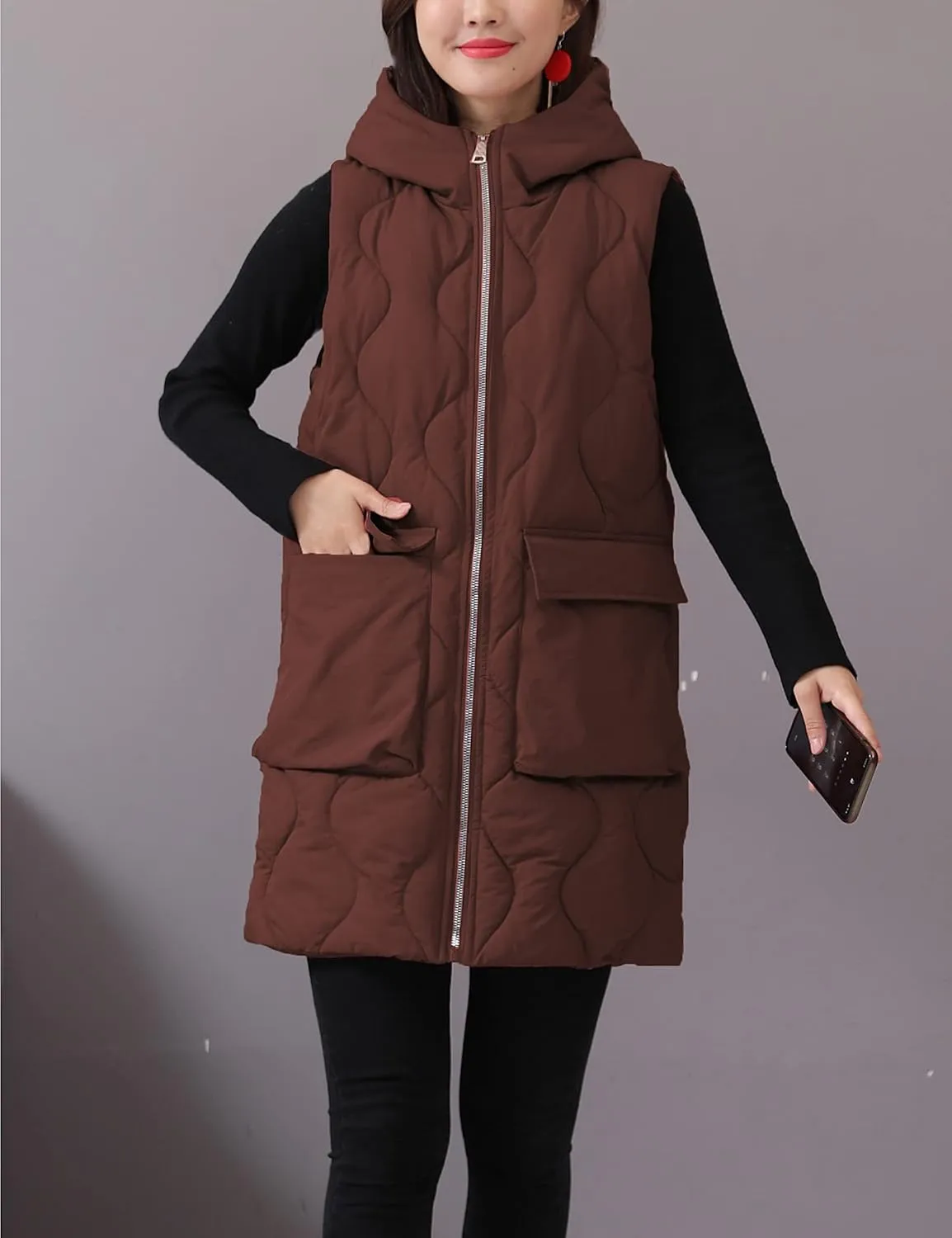 HangNiFang Winter Long Puffer Vest for Women Zip Up Hoodie Quilted Vest Jacket