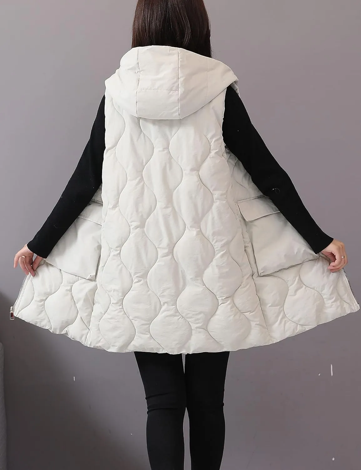 HangNiFang Winter Long Puffer Vest for Women Zip Up Hoodie Quilted Vest Jacket