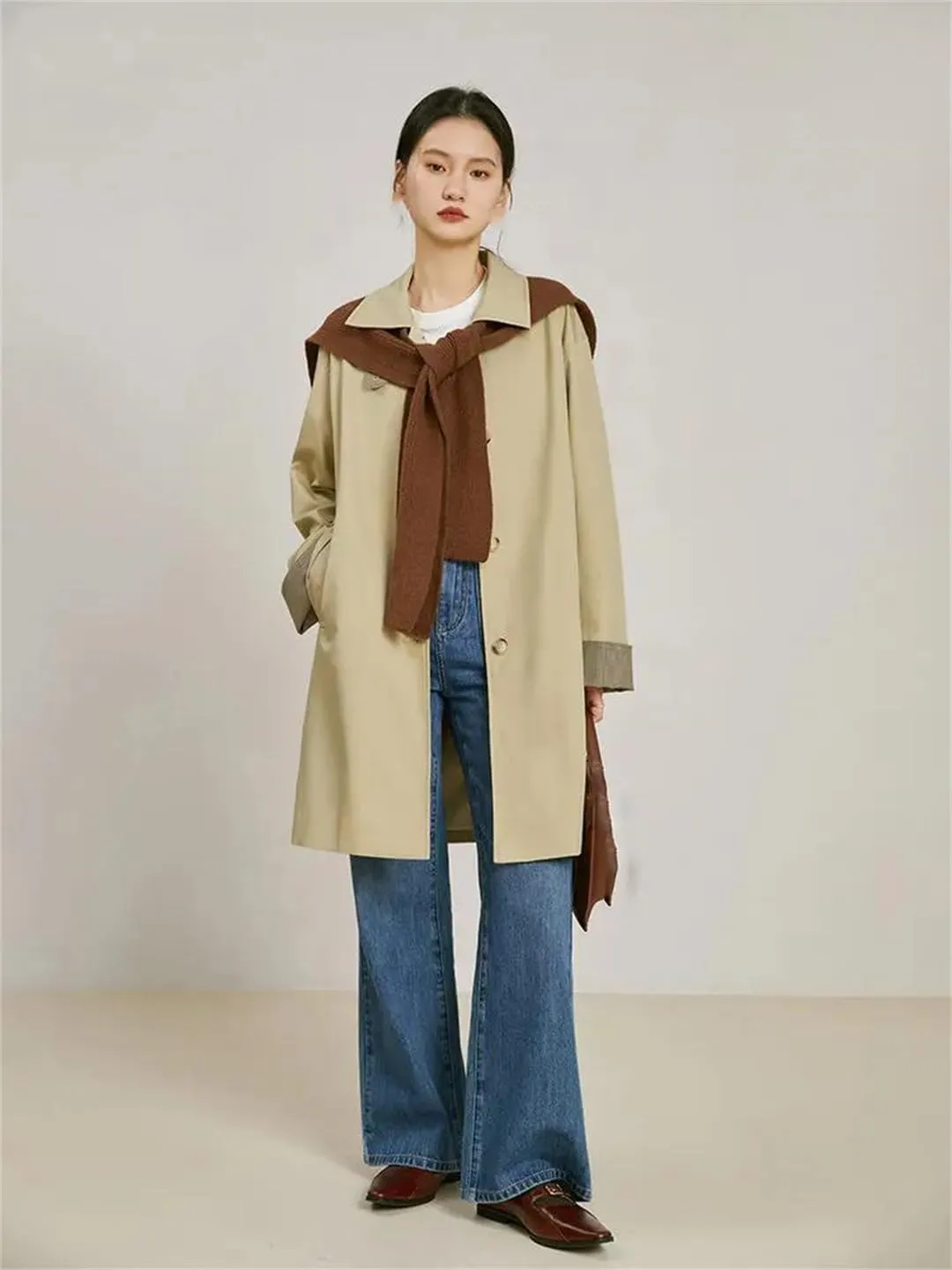 Hdhdeueh Women Retro Double Breasted Long Trench Coat Belted Notch Lapel Overcoat Classic Outerwear