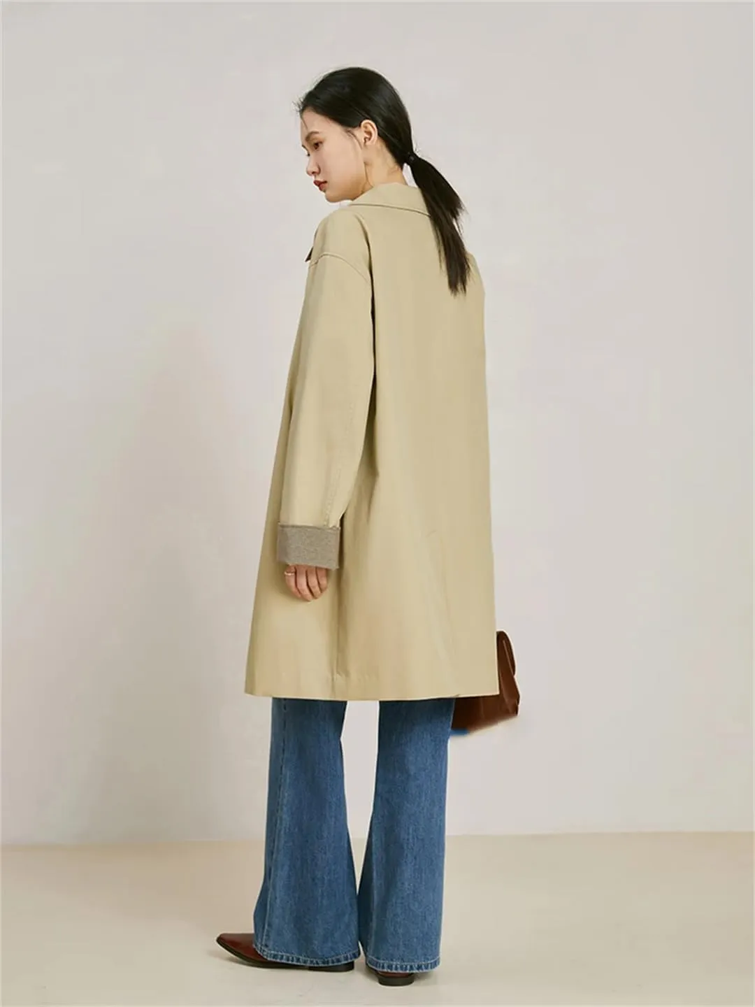 Hdhdeueh Women Retro Double Breasted Long Trench Coat Belted Notch Lapel Overcoat Classic Outerwear