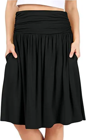 High Waisted Summer Skirts for Women 2025 Casual Below The Knee Length Pull On Smocked Cotton Midi Skirts with Pockets