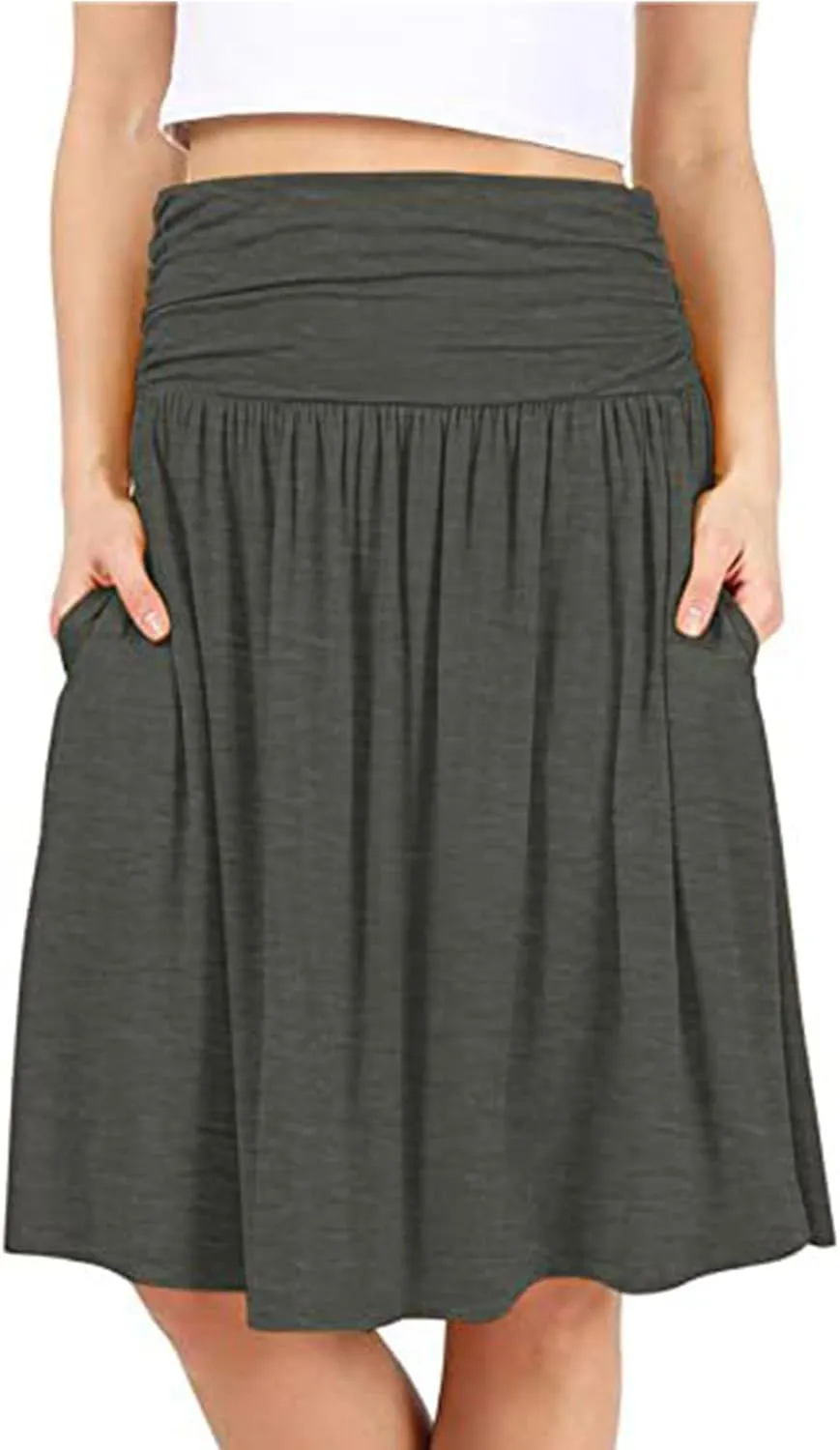 High Waisted Summer Skirts for Women 2025 Casual Below The Knee Length Pull On Smocked Cotton Midi Skirts with Pockets