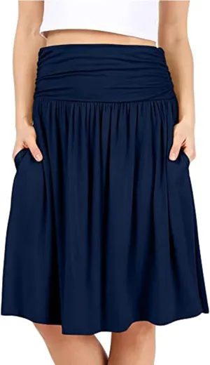 High Waisted Summer Skirts for Women 2025 Casual Below The Knee Length Pull On Smocked Cotton Midi Skirts with Pockets