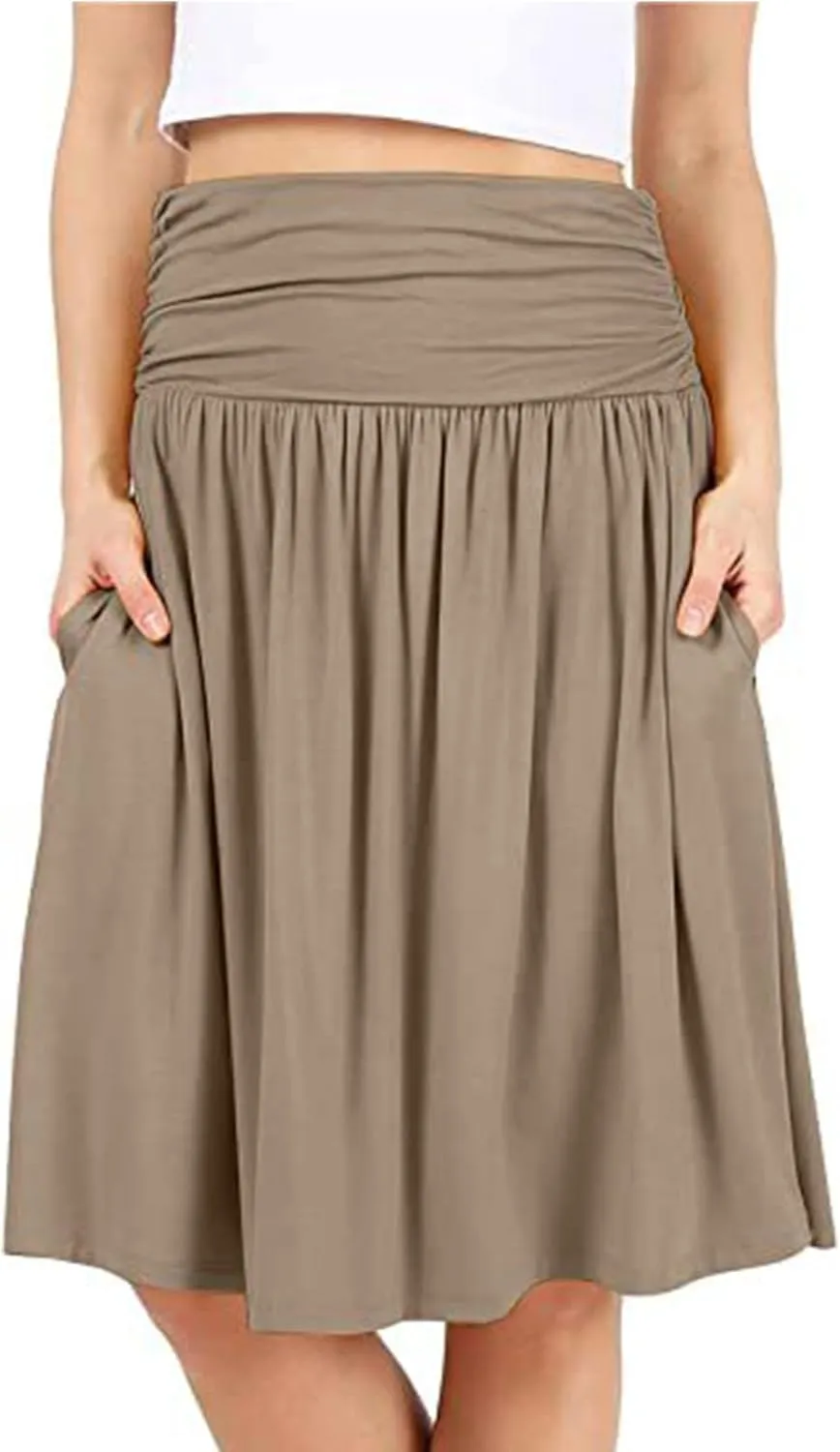 High Waisted Summer Skirts for Women 2025 Casual Below The Knee Length Pull On Smocked Cotton Midi Skirts with Pockets