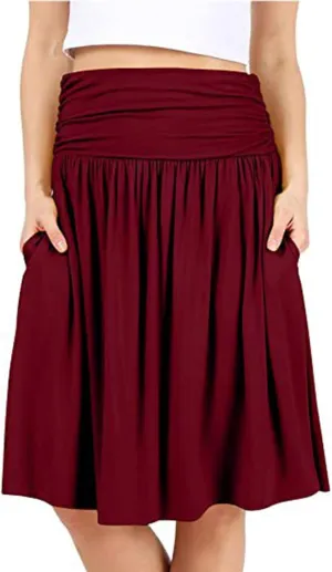 High Waisted Summer Skirts for Women 2025 Casual Below The Knee Length Pull On Smocked Cotton Midi Skirts with Pockets
