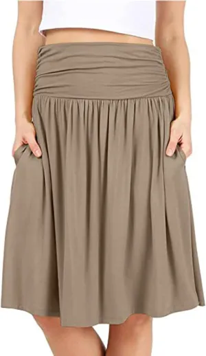 High Waisted Summer Skirts for Women 2025 Casual Below The Knee Length Pull On Smocked Cotton Midi Skirts with Pockets