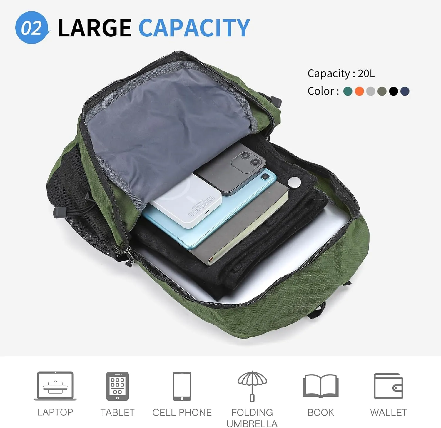 Hiking Daypack Packable, Camping Backpack Water Resistant Lightweight Polyester for Men Women Travel Outdoor
