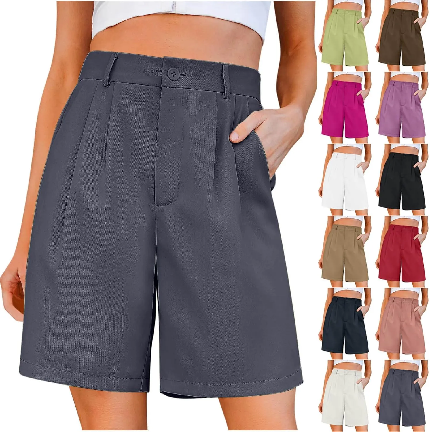 hlysgo Bermuda Shorts for Women Knee Length Dress Shorts High Waist Wide Leg Suit Tailored Shorts Casual Office Work Shorts