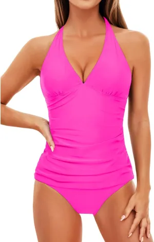 Holipick Two Piece Tankini Bathing Suits for Women Tummy Control Swimsuits Sexy V Neck Halter Tankini Top with Bikini Bottom